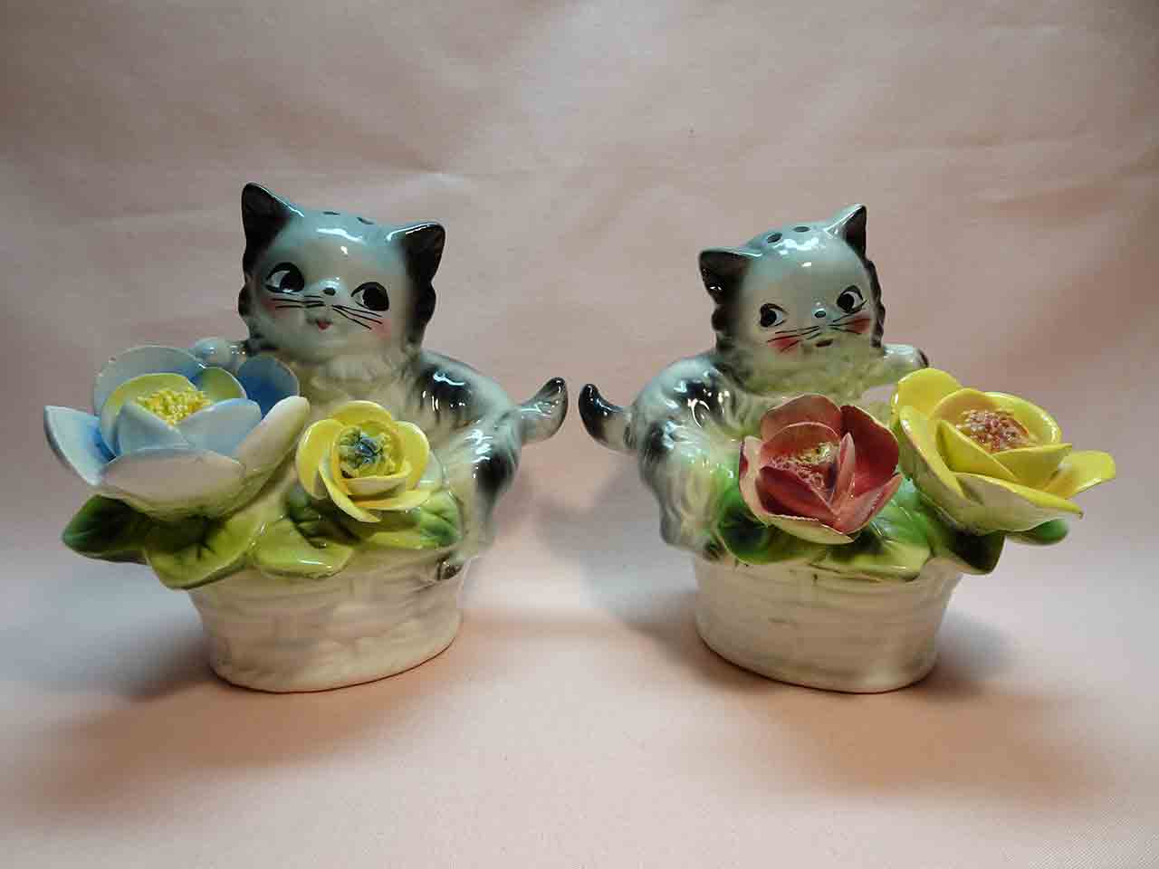 Animals in flower baskets salt and pepper shakers - cats