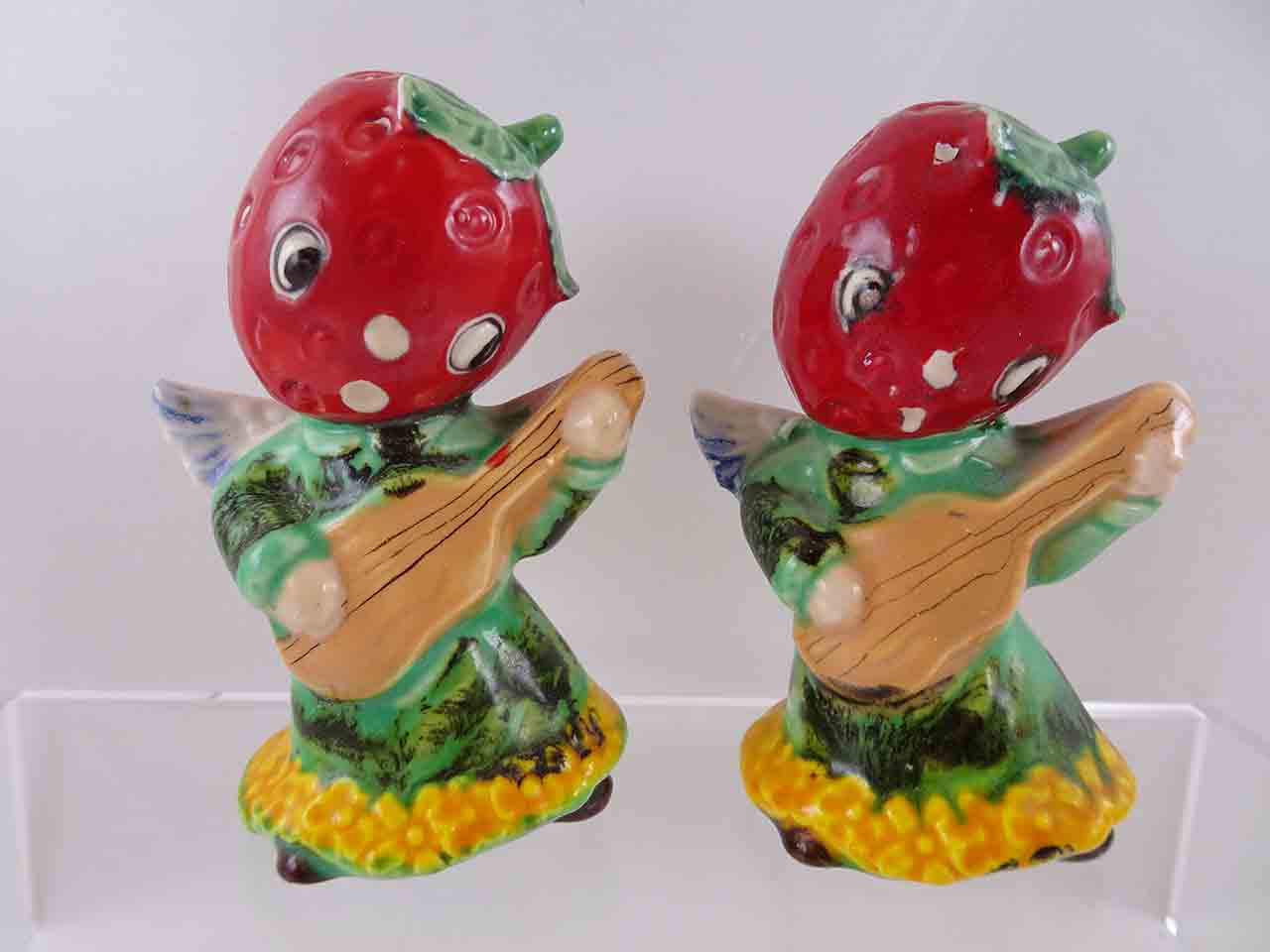 Heavenly Music series - anthropomorphic strawberries playing guitar salt and pepper shakers