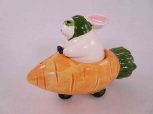Clay Art salt and pepper shakers series of animals in funny race cars - rabbit in carrot
