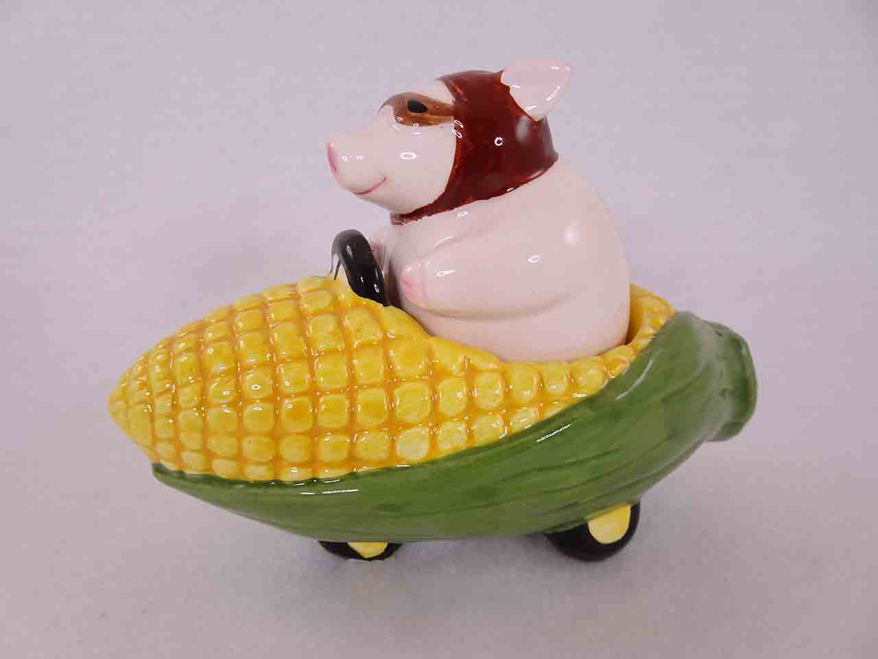 Clay Art salt and pepper shakers series of animals in funny race cars - pig in corn