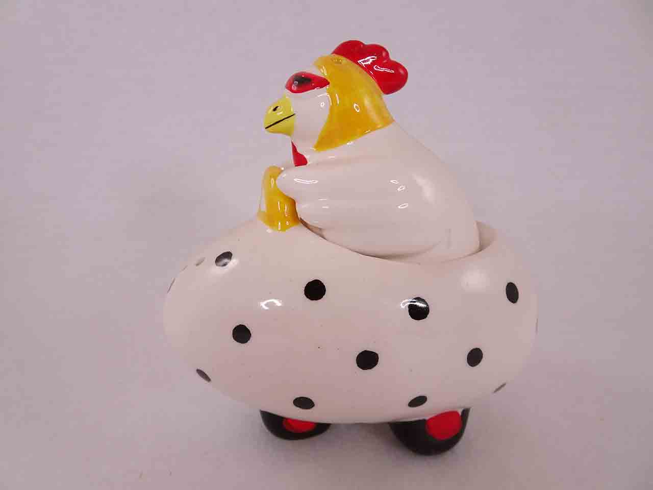 Clay Art salt and pepper shakers series of animals in funny race cars - chicken in egg