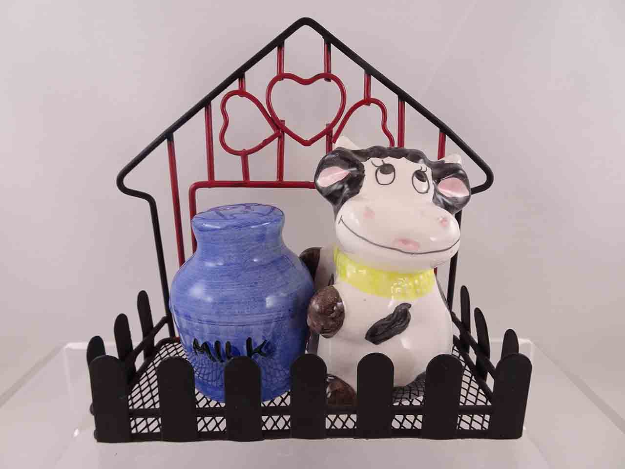 Cow with mild jug on metal / wire barn base with fence salt and pepper shakers