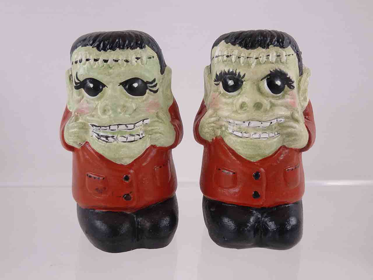 Halloween characters salt and pepper shakers possibly made by Jean Grief - Frankenstein