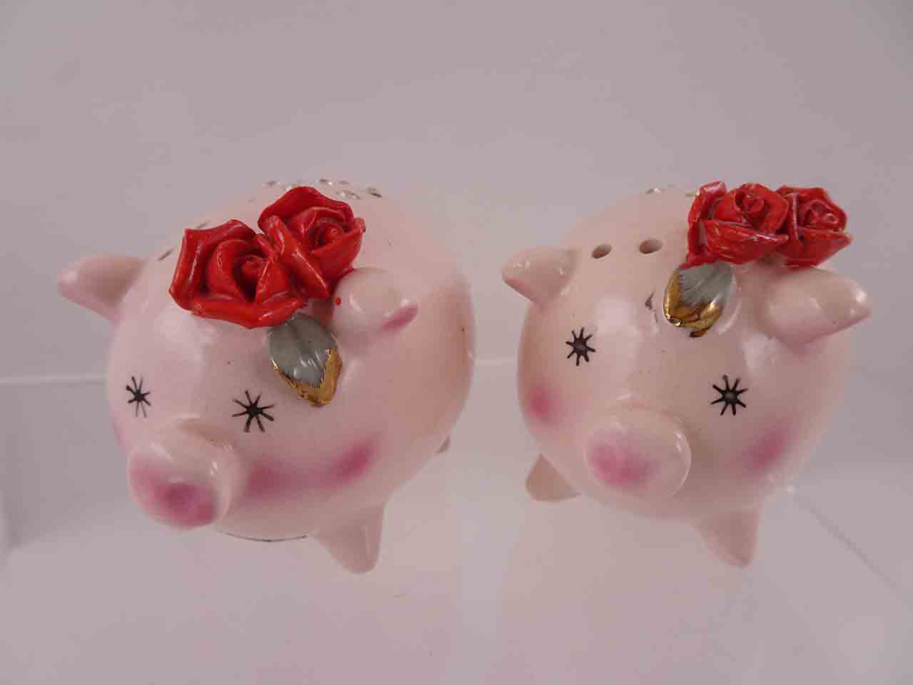 Napco pink pigs with red roses and rhinestones salt and pepper shakers