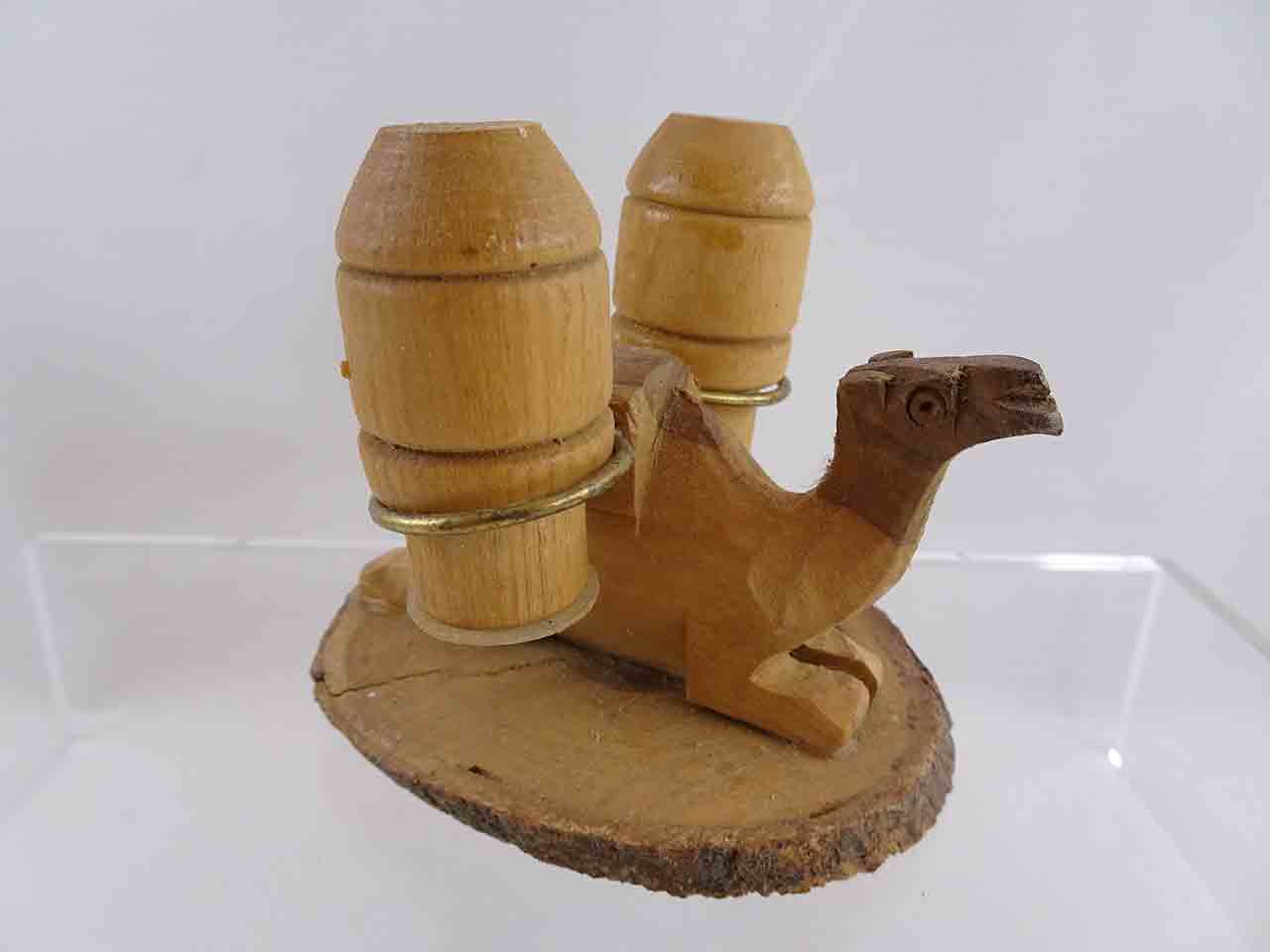 Wood camel carrier salt and pepper shakers