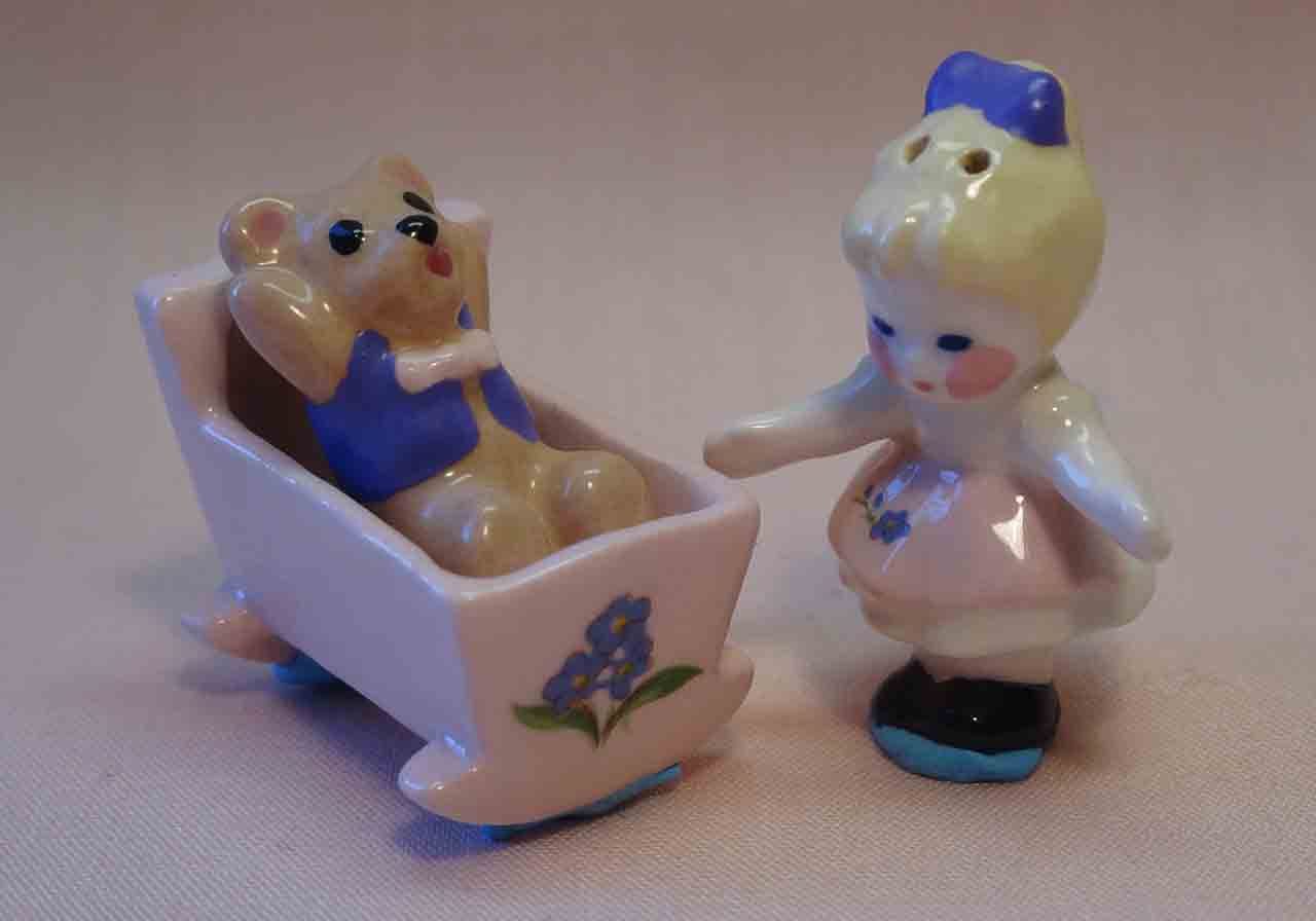 Miniature girl with teddy bear in cradle salt and pepper shaker by Sandy Srp