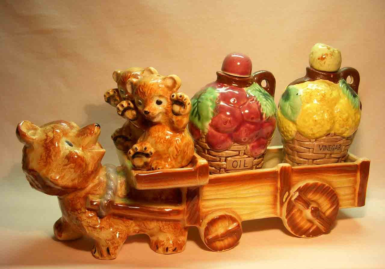 Bear pulling bear cubs and cart salt and pepper shaker with oil and vinegar jars