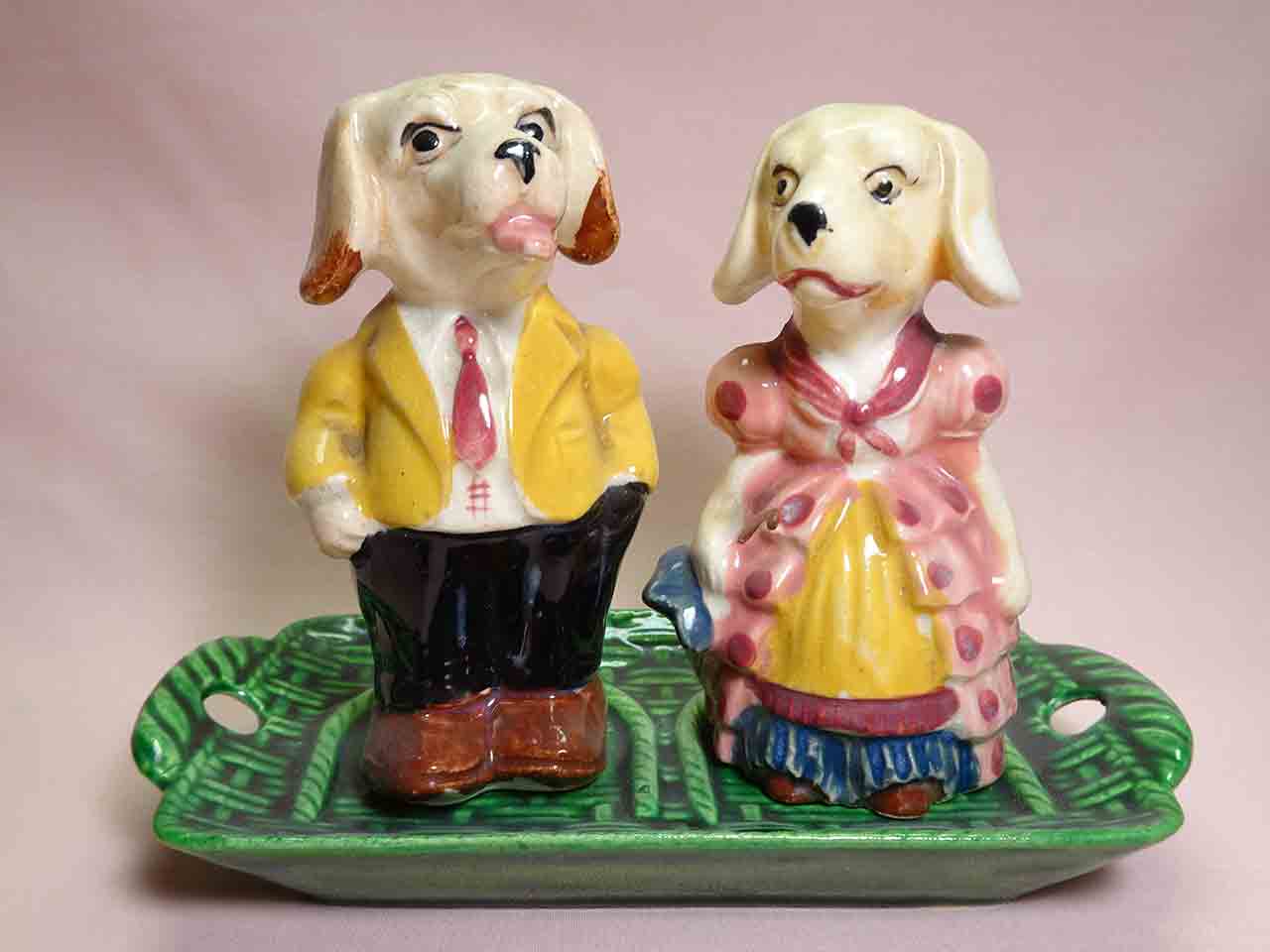 Dressed animal couples on green trays salt and pepper shakers - dogs