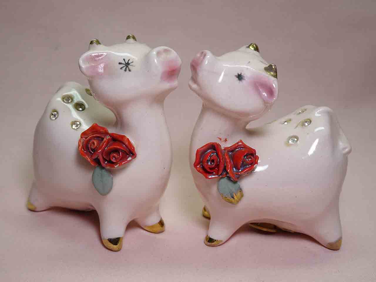Napco Pink Farm Animals with Rhinestones and Delicate Red Flowers - cows