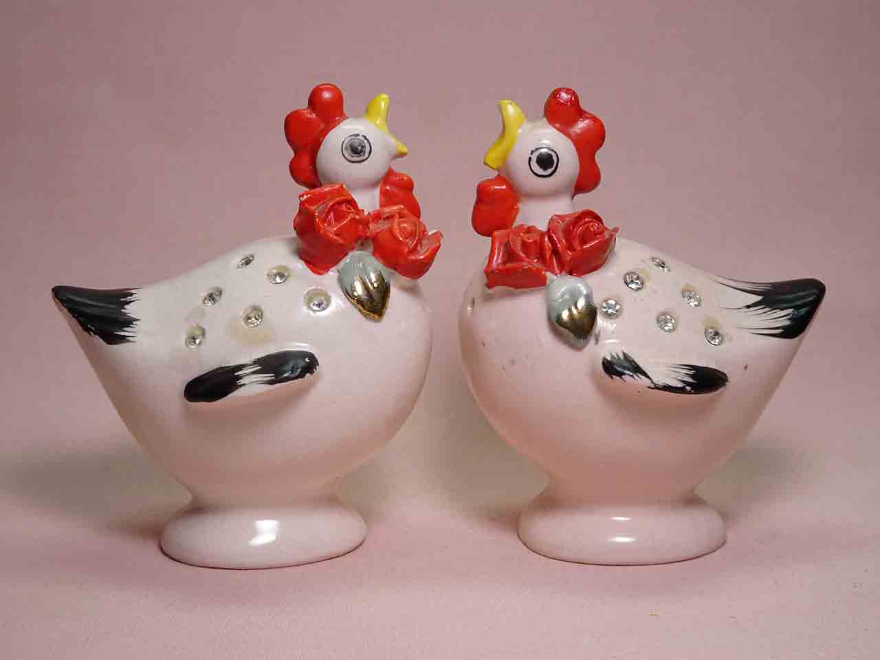Napco Pink Farm Animals with Rhinestones and Delicate Red Flowers - chickens / roosters