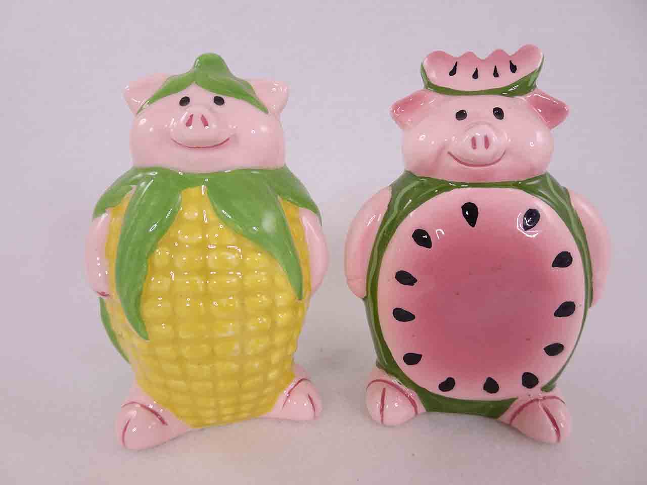 Clay Art Animals in Costumes salt and pepper shakers - pigs dressed up as corn and a watermelon