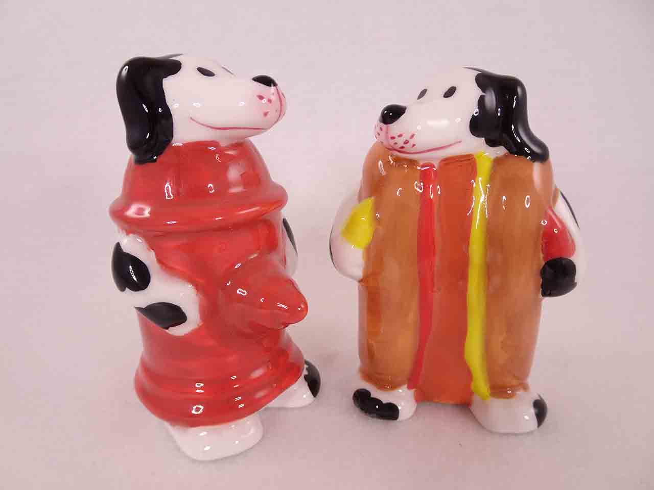 Clay Art Animals in Costumes salt and pepper shakers - dogs dressed up as hotdog and fire hydrant