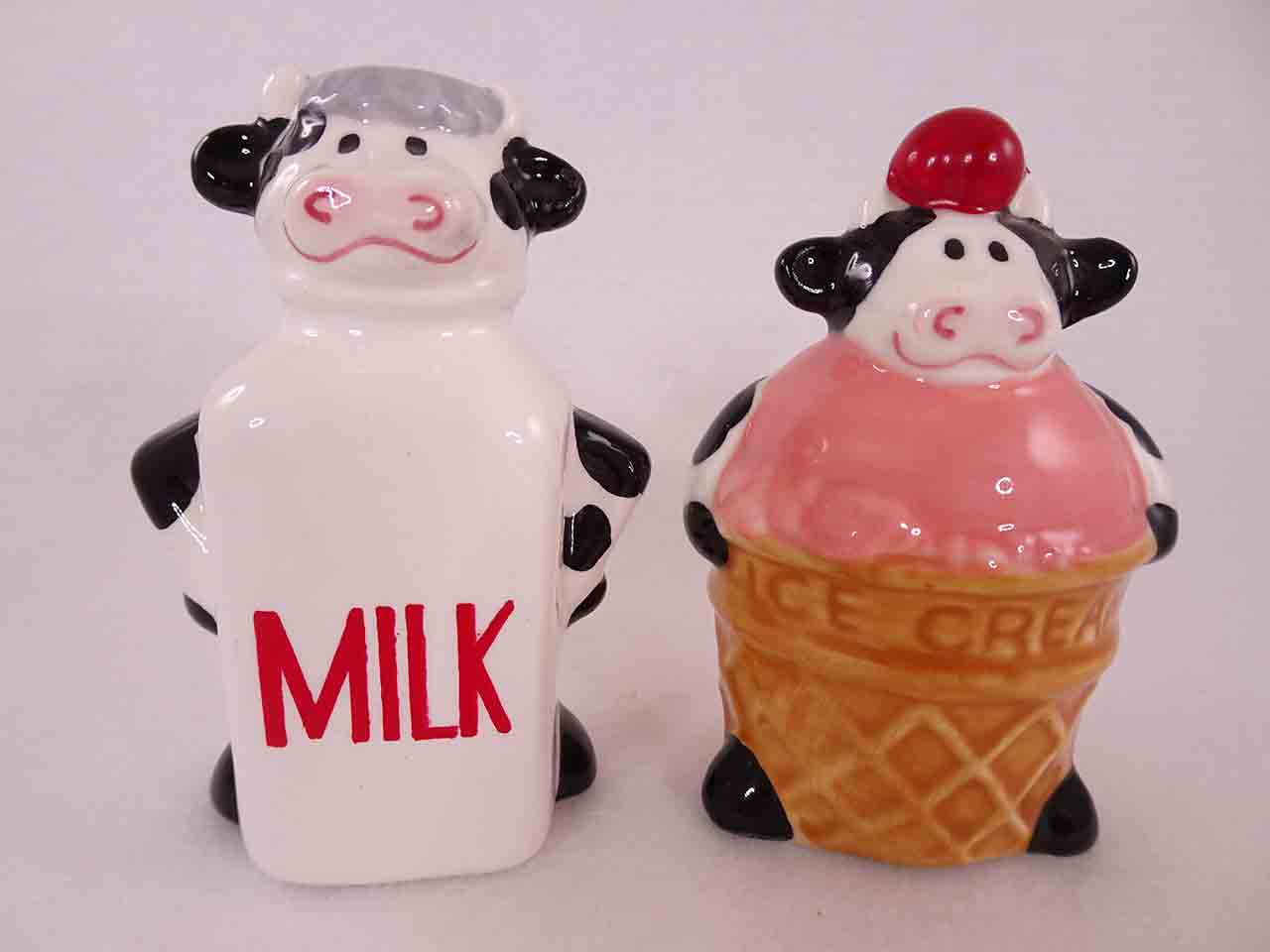 Clay Art Animals in Costumes salt and pepper shakers - cows dressed up as an ice cream cone and milk