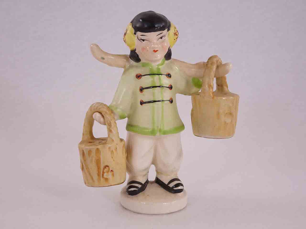 Occupied Japan Japanese Asian girl carrying pails - hanger salt and pepper shakers