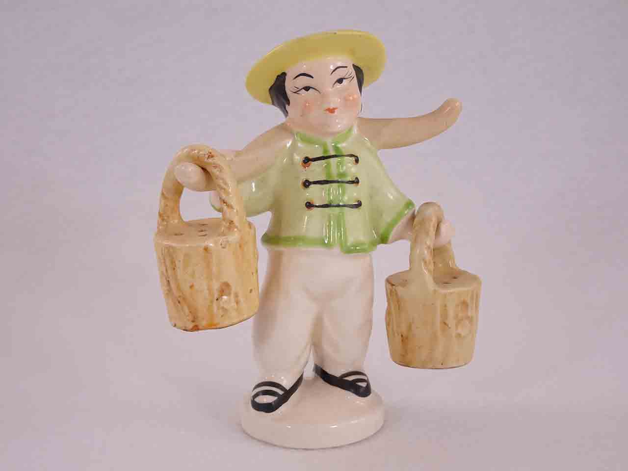 Occupied Japan Japanese Asian boy carrying pails - hanger salt and pepper shakers