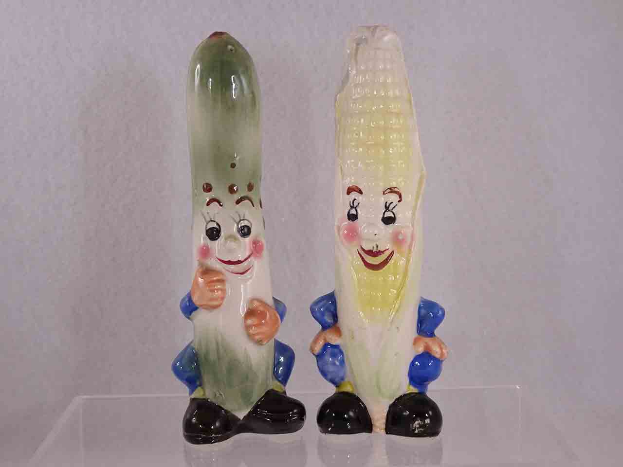 Anthropomorphic tall vegetable salt and pepper shakers - cucumber and corn