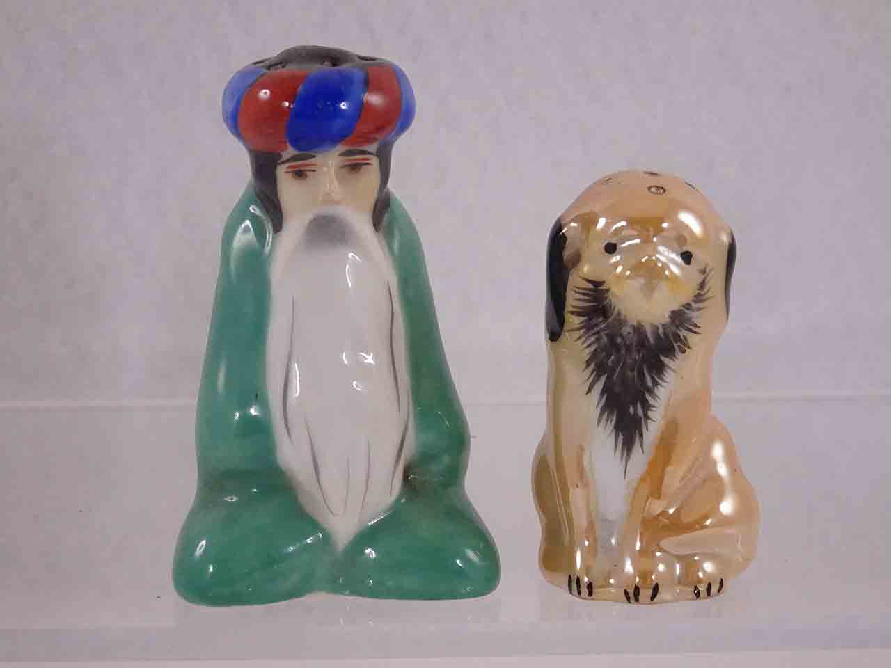 Lusterware Middle Eastern / Arab man with bearded dog from France salt and pepper shakers