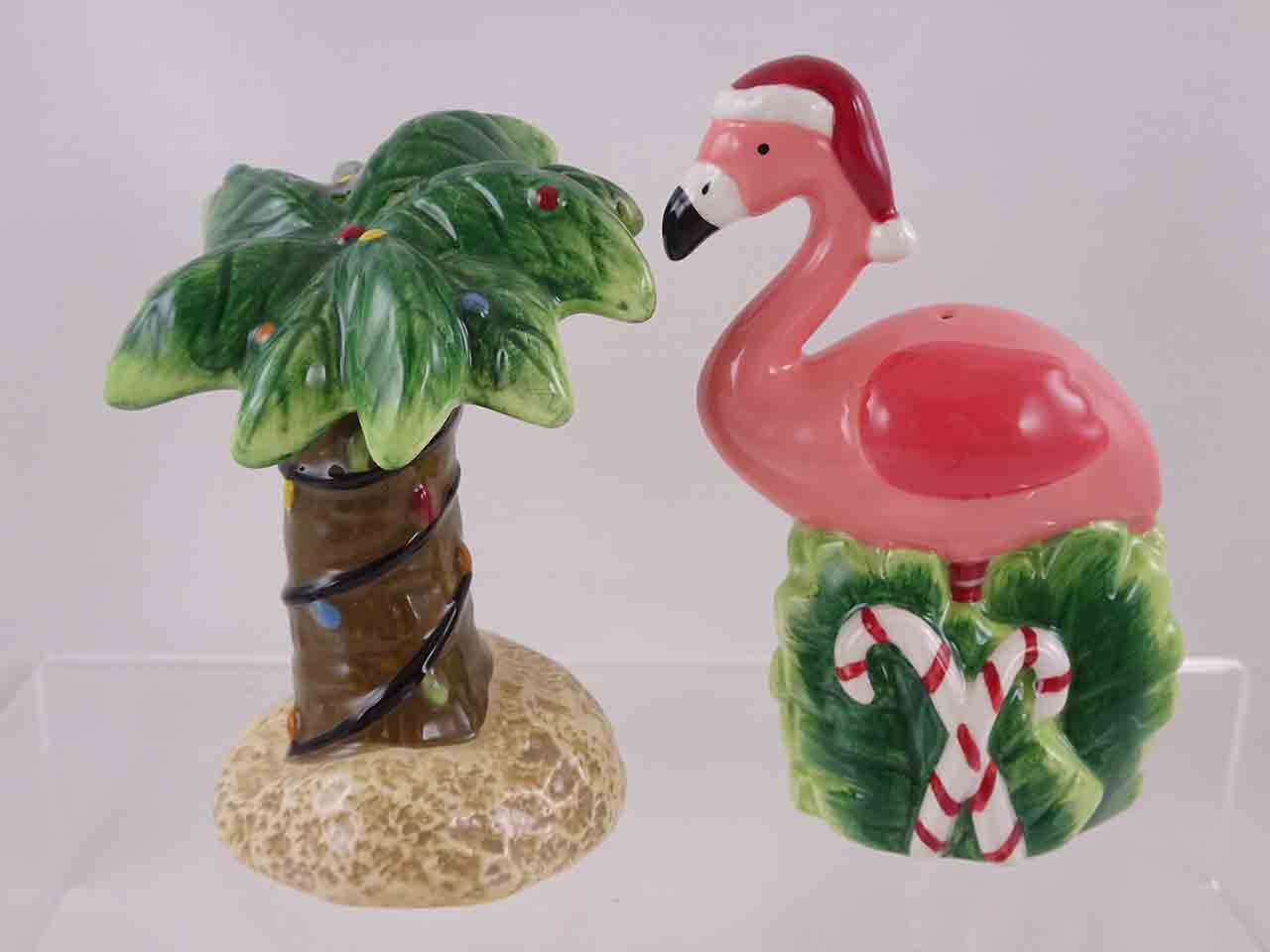 Christmas flamingo and palm tree salt and pepper shakers