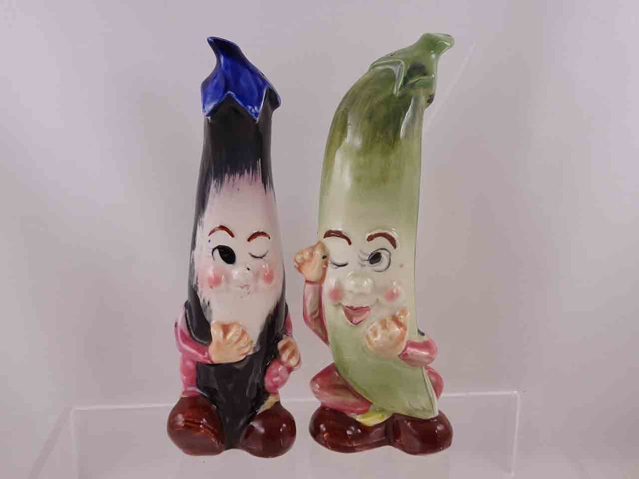 Anthropomorphic tall vegetable salt and pepper shakers - eggplant & pea pod