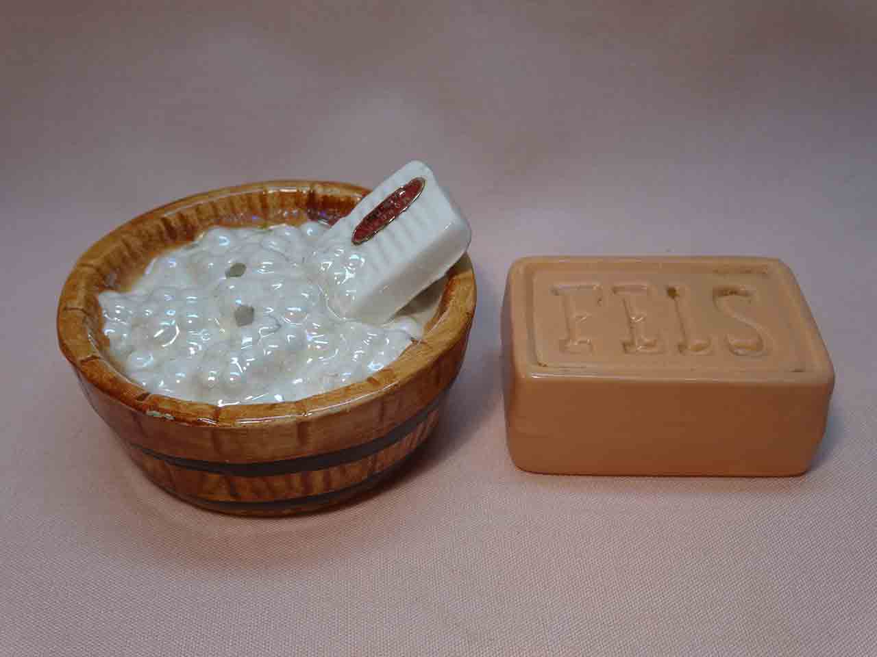 Enesco Seven Days of the Week salt and pepper shakers series - Monday washing day bar of soap and washtub