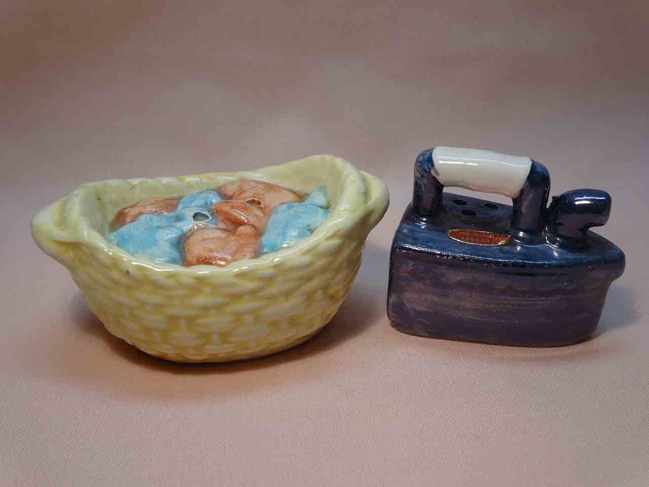 Enesco Seven Days of the Week salt and pepper shakers series - Tuesday Ironing day - flat iron and clothes basket