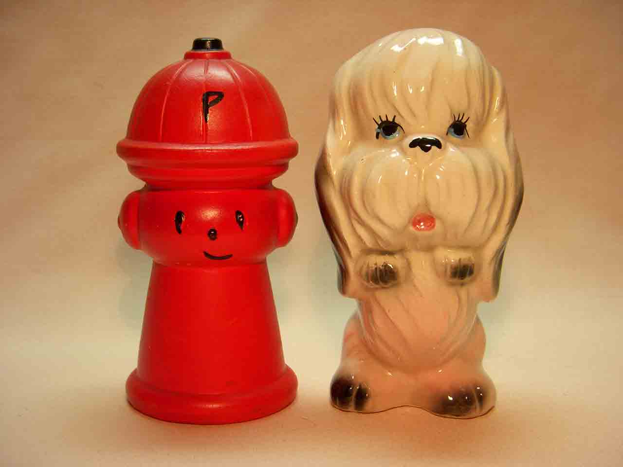 Dog with anthropomorphic fire hydrant salt and pepper shakers - Potty Break series