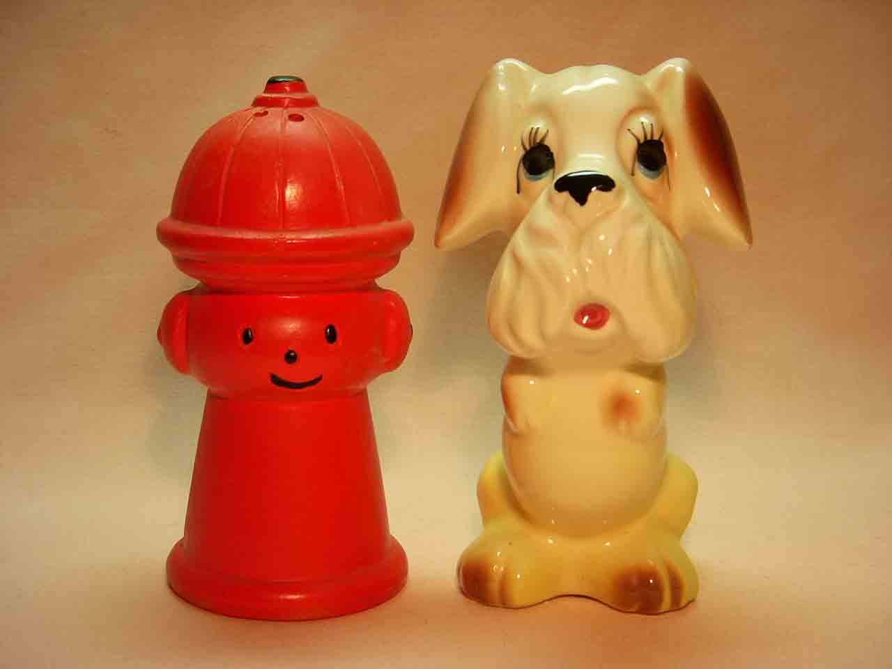 Dog with anthropomorphic fire hydrant salt and pepper shakers - Potty Break series