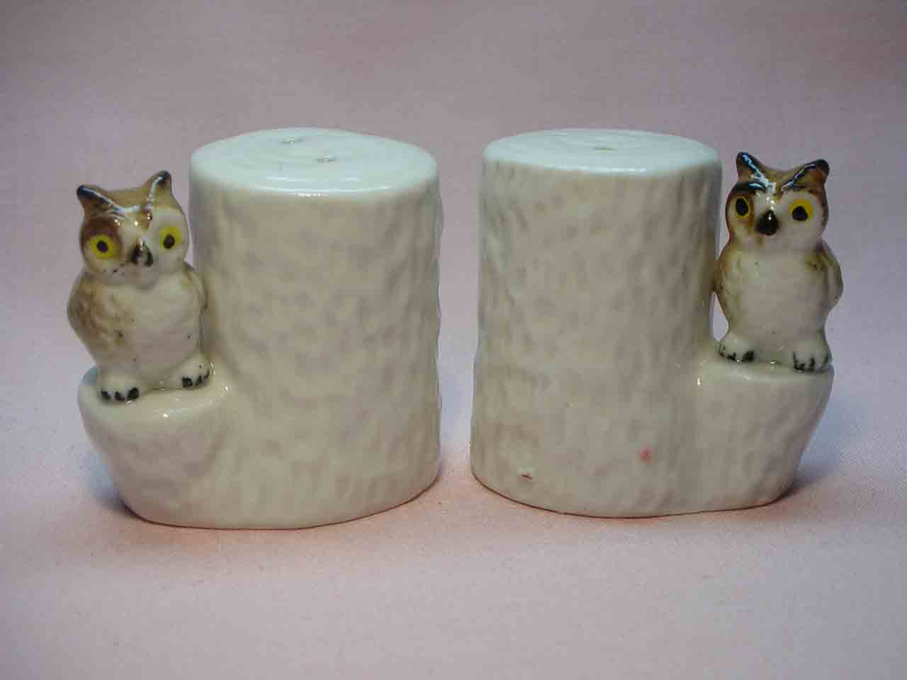Bone China animals by white tree stumps salt and pepper shakers - owls