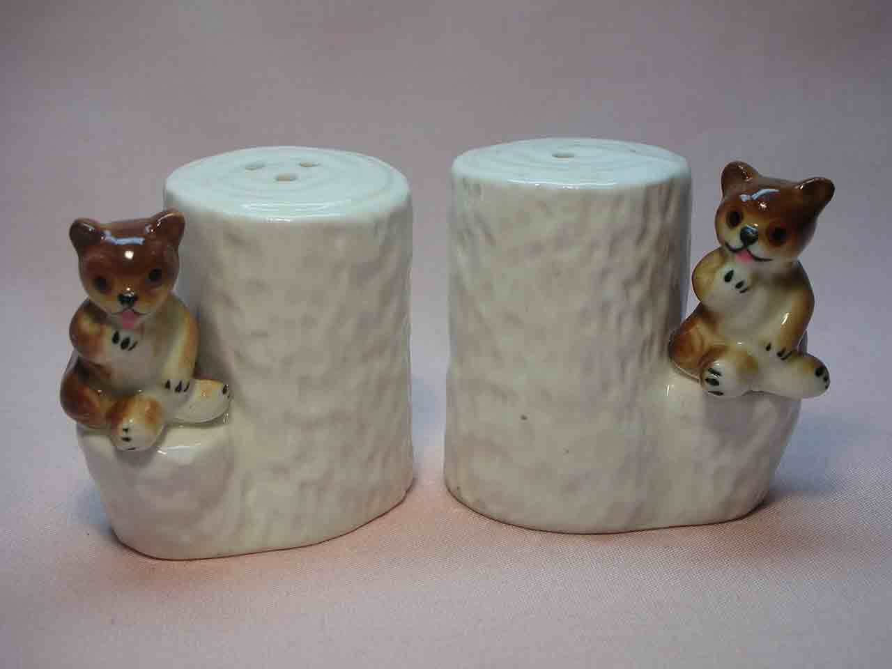 Bone China animals by white tree stumps salt and pepper shakers - brown bears
