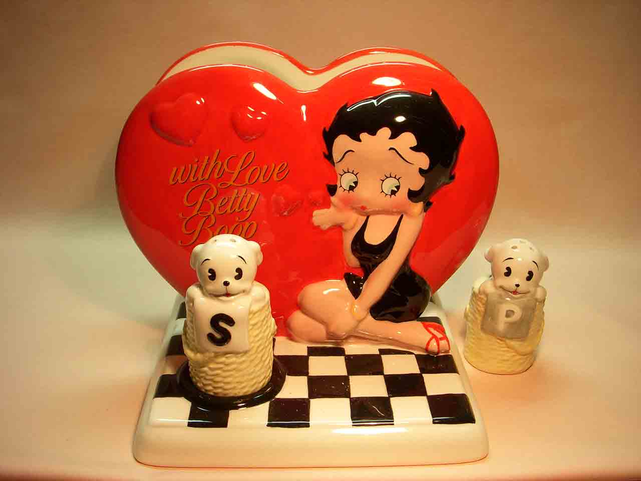 Betty Boop napkin holder and Pudgy the dog salt and pepper shaker