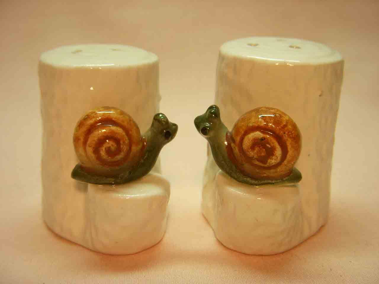 Bone China animals by white tree stumps salt and pepper shakers - snails