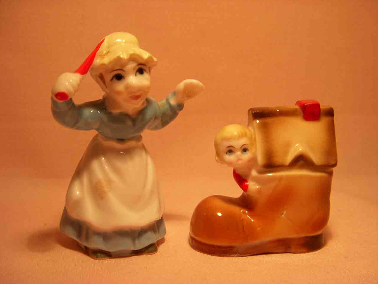 Bone China miniature nursery rhymes salt and pepper shakers - Old Woman in the Shoes
