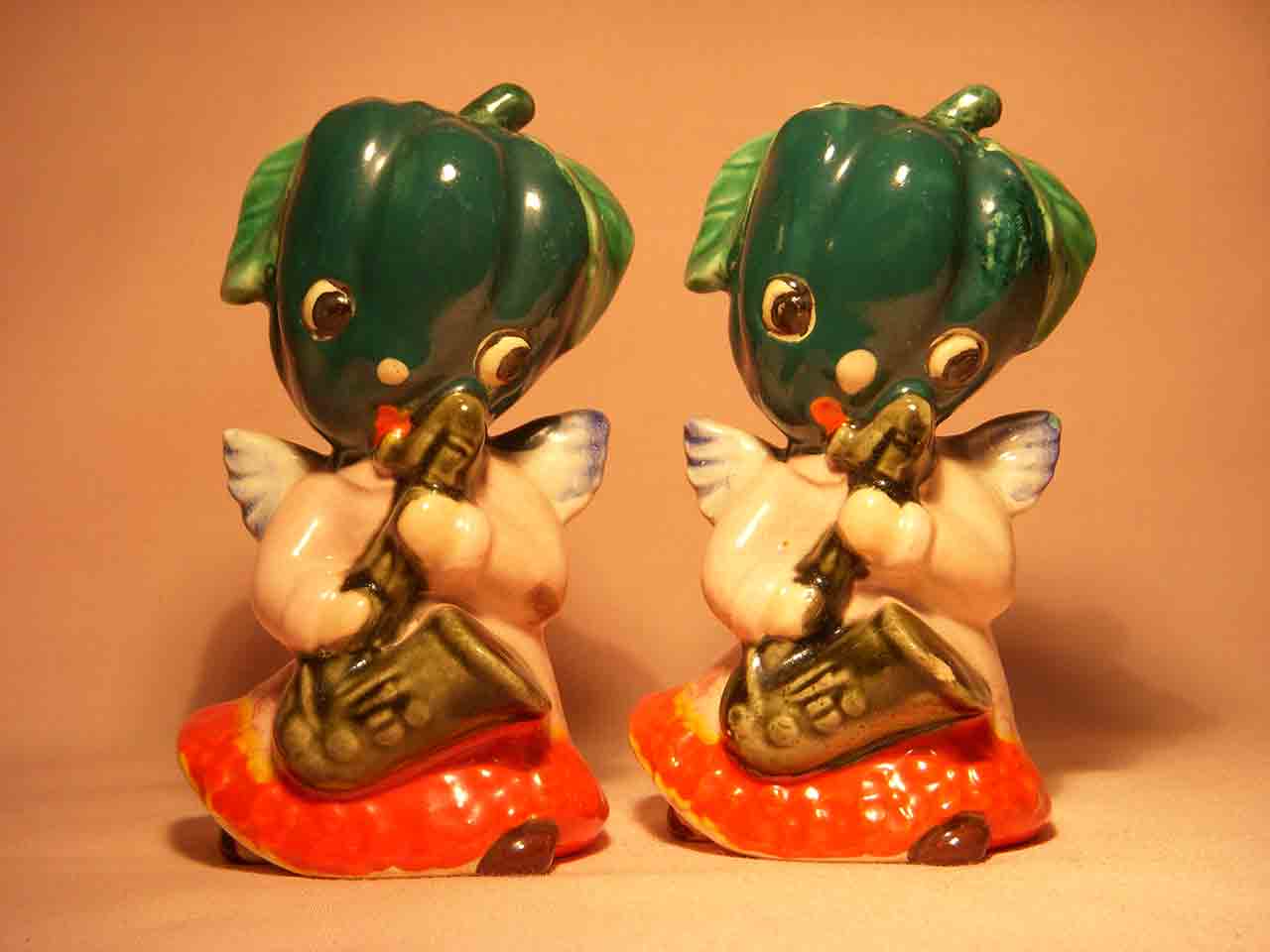 Anthropomorphic green peppers playing saxophones - Heavenly Music series - salt and pepper shakers