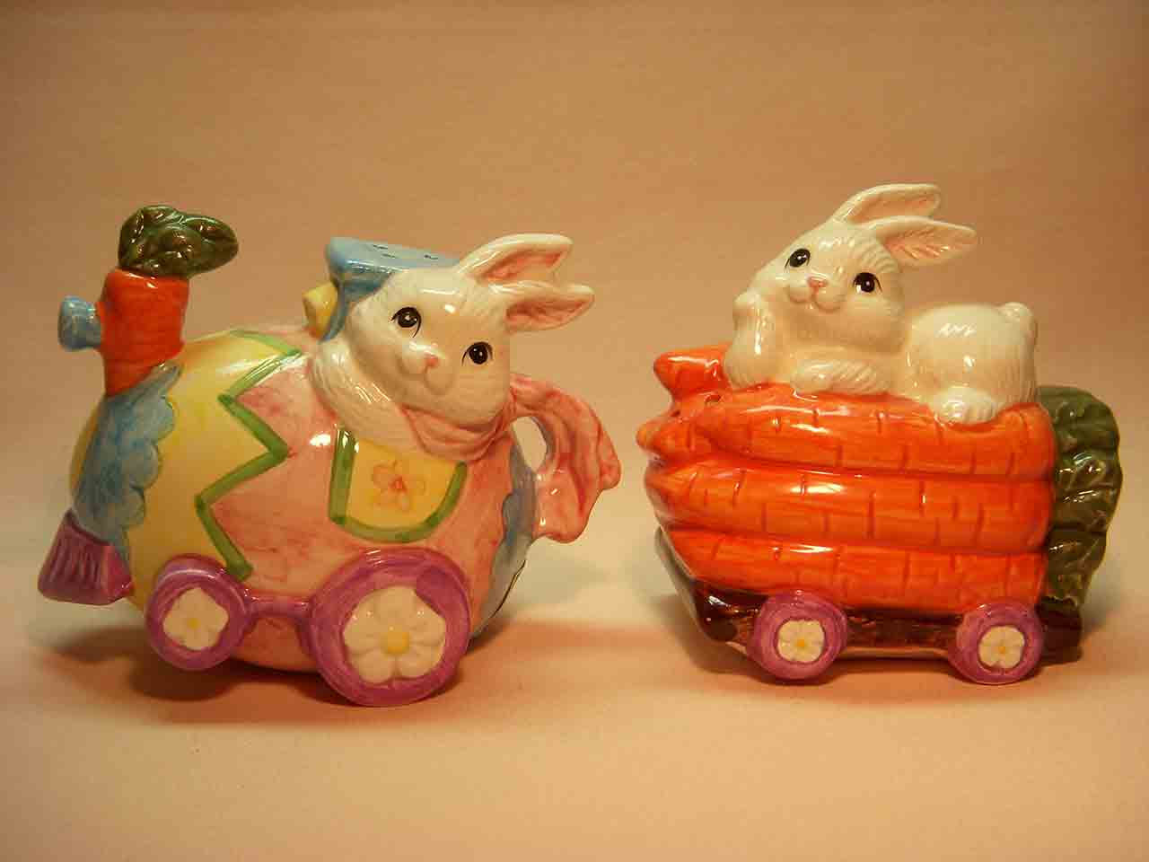 Easter bunny rabbits in holiday vehicles salt and pepper shakers series