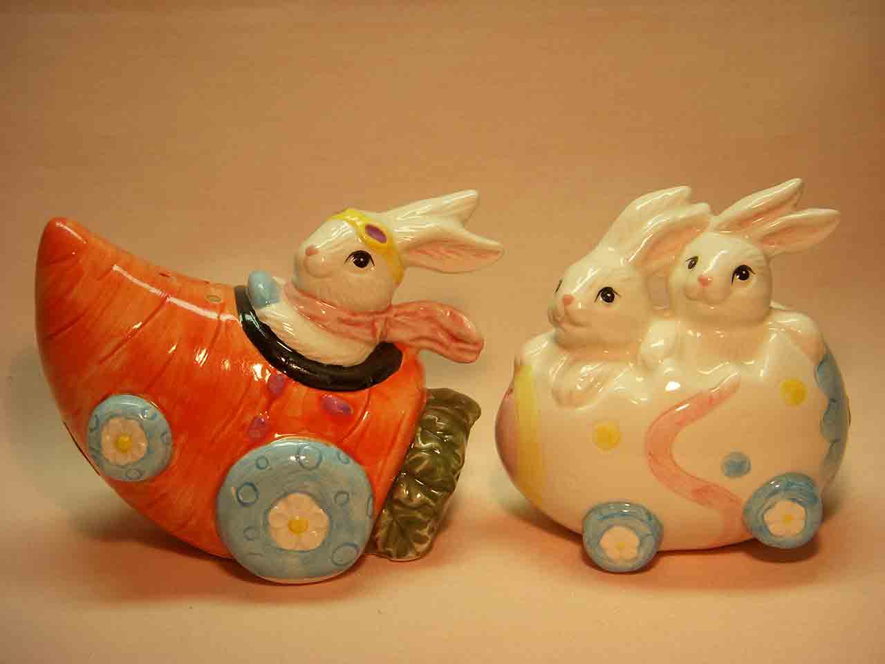 Easter bunny rabbits in holiday vehicles salt and pepper shakers series