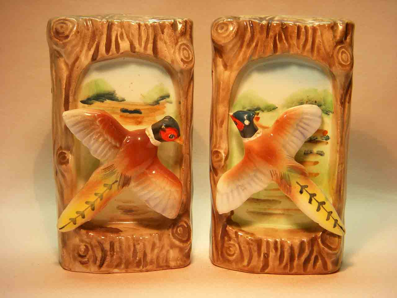 Pheasants on tree trunk picture frames salt and pepper shakers